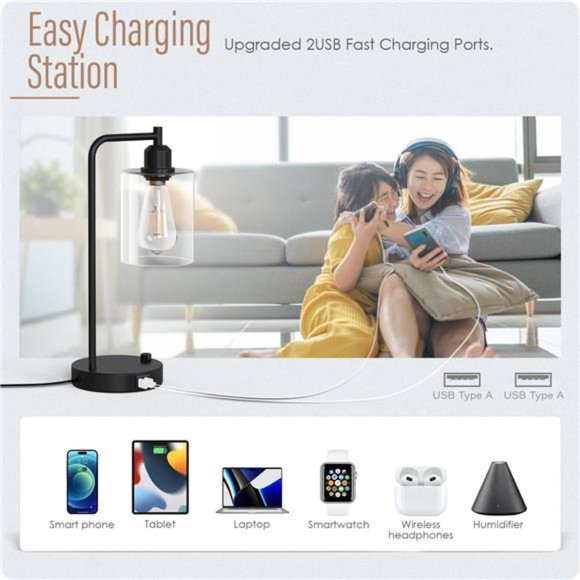 Industrial Bedside Table LampSet of 2Fully Dimmable Lamps for Bedroom Modern USB - Picture 2 of 7